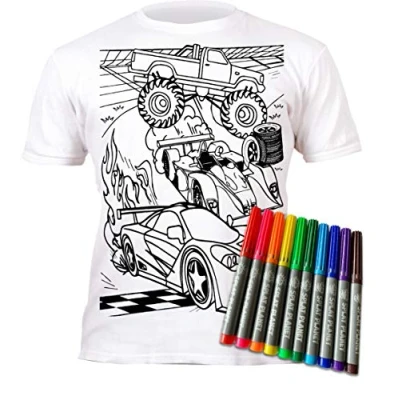 Image of Splat Planet Colour in Car T Shirt with 10 Non Toxic Washable Magic Pens and Wash Out (3 4 Years) White