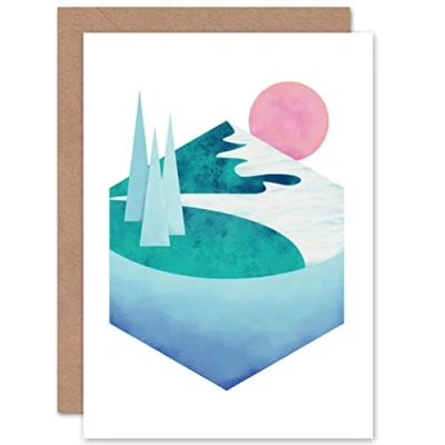 Image of Wee Blue Coo Abstract Minimalist Mountains Lake Sunset Blank Greetings Art Card