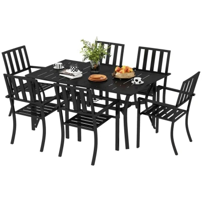 Image of Outsunny 7 Pieces Patio Dining Set, 6 Seater Outdoor Table and Stackable Chairs with Umbrella Hole, Galvanised Steel Frame, Space Saving, for Poolside, Garden, Black