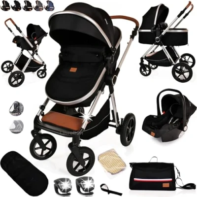 Image of Baby Buggy Pram Pushchair Stroller 3 in 1 Child Lightweight Folding Travel System for Newborns &amp; Toddlers from Birth (Black Silver)