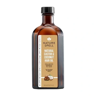 Image of Nature Spell Castor &amp; Coconut Oil 150 ml Pure and Natural with for Hair Growth, Eyelashes, Eyebrow, Skincare Made in the UK