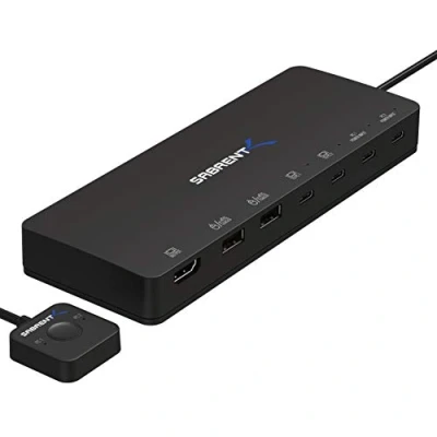 Image of SABRENT KVM Switch, peripheral sharing with 2 port USB C inputs, ports outputs, 60W (PD 3.0) HDMI port, thunderbolt compatible, Control two pcs one monitor (USB KCPD)