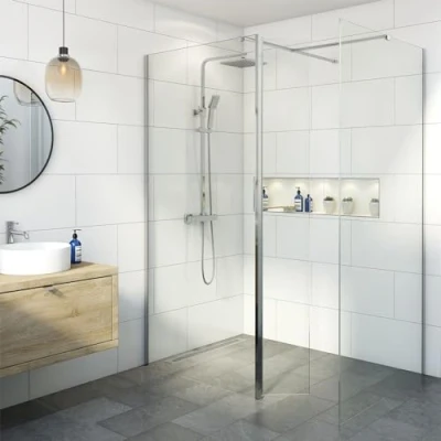 Image of BAYSTONE® 800 &amp; 700mm Wet Room Shower Screen Panels 8mm Toughened Safety Easy Clean Glass Walk in Enclosure + Hinged Return Panel, Chrome
