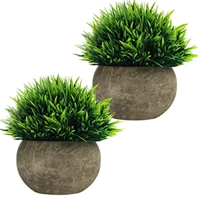 Image of BELLE VOUS Mini Artificial Potted Plants (2 Pack) Fake Green Grass Topiary Shrubs with Grey Pot Small Faux Plastic Indoor &amp; Outdoor Home Decor, Office Bathroom Greenery Decoration