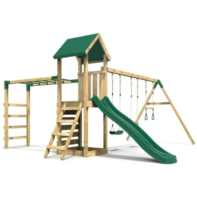 Image of Rebo® Adventure Playset Wooden Climbing Frame with Monkey Bar, Swings and Slide Pelion Playhouse for Children Sturdy Construction OutdoorToys Swing Slides Kids