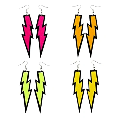 Image of Jomnvo 4 Pairs 80s Women Neon Earrings 1980s Costume Retro Acrylic Lightning Earring