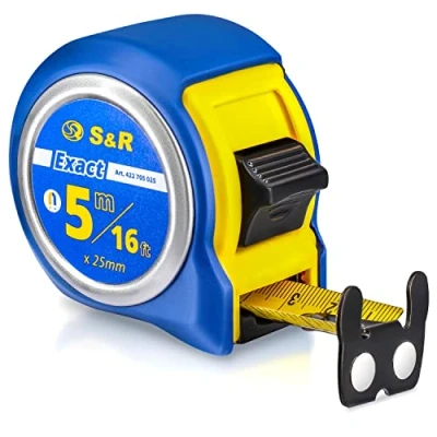 Image of S&amp;R Industriewerkzeuge Tape Measure Inch And Metric Q Series 5M / 16 Ft, 25 Mm, Nylon Coated, Measuring Pocket Tapes Impact Resistant, Rubberized Case