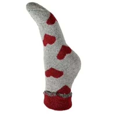 Image of Joya Luxurious Cuff Bed Wool Blend Socks UK 4 7 EU 36 40 Grey With Burgundy Hearts