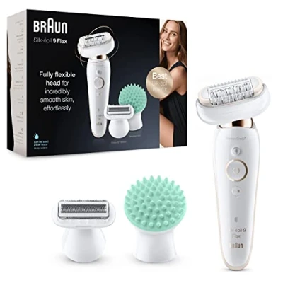 Image of Braun Silk épil 9 Flex Epilator, Flexible Head for Easier Hair Removal with Ladies Electric Shaver and Trimmer, Gifts Women, UK 2 Pin Plug, 020, White/Gold