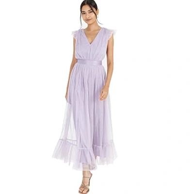 Image of Anaya with Love Ladies Midaxi Dress for Women V Neckline Sleeveless Frilly Wedding Guest Bridesmaid Prom Long High Empire Waist Tiered Dusty Lilac Size 20