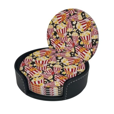 Image of Popcorn Print Round Leather Coasters Set Of 6, Ultra Fiber Pu
