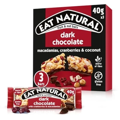 Image of Eat Natural Dark Chocolate with Cranberries &amp; Macadamias Fruit Nut Bars, 3 x 40 g