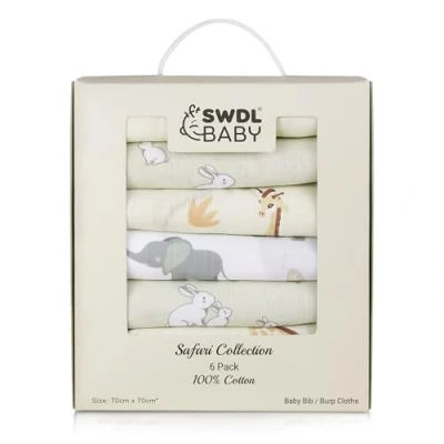 Image of Large Baby Muslin Cloths 100% Cotton Squares (Pack of 6, 70 x cm) Soft, Absorbent &amp; Breathable Perfect as Bibs Burp Safari Edition