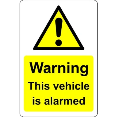 Image of Warning this vehicle is alarmed Car safety sign Reverse window sticker 150mm x 100mm