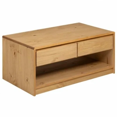 Image of vidaXL SAUDA Coffee Table in Oak Rectangular Solid Pine Wood with Wax Finish, 99x55x45 cm, Two Drawers &amp; Open Compartment for Living Room/Office