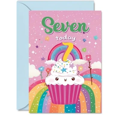 Image of 7th Birthday Card Girl Cupcake Rainbow Happy for 7 Year Old Girl, Age Girls Cards, A5 Bday Greeting