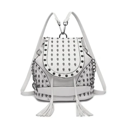 Image of Miss Lulu Small Gothic Skulled Backpack Handbags for Women Shoulder Rucksuck with Chain Faux Leather Studded Embossed Skulls Tassels Travel School