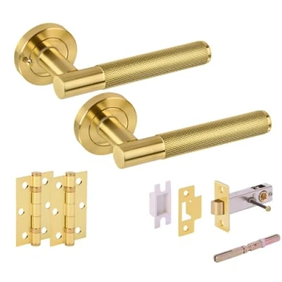 Image of HANDLEZONE® Evo Grip Privacy Door Handle Pack, Complete with Lever Handles, 76mm Latch, 75mm Ball Bearing Hinges Satin Brass