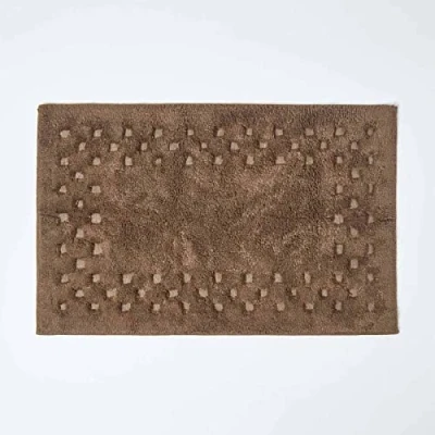 Image of HOMESCAPES Check Border Bathmat Rug, Chocolate, Soft 100% Cotton 1200 GSM, Washable At Home, Non Slip Spray Backing.
