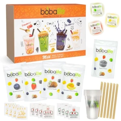 Image of Bubble Tea Kit Gift Box Milk Selection Makes 12 Drinks Flavoured Powders Strawberry, Coconut, Honeydew Melon, Blueberry Suitable for Vegans By Bobalife