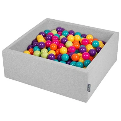 Image of KiddyMoon 90X30cm/300 Balls ∅ 7Cm / 2.75In Square Baby Foam Ball Pit Made In EU, Light Grey:L Green/Yellow/Turq/Orange/Dpink/Purple
