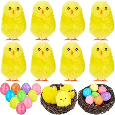 Image of 20 Pieces Easter Coloured Mini Fluffy Chicks Glitter Eggs and Bird Nests Decorations Embellishments Arts Crafts for Cake Models Displays Hunt Activities