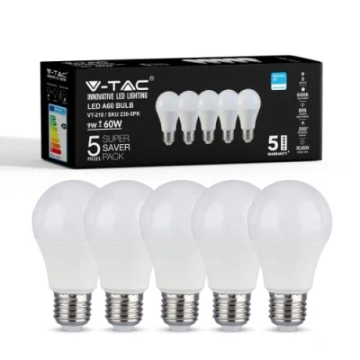 Image of V TAC 5 Pack E27 LED Light Bulb 9W (Replaces 60W) Cool White