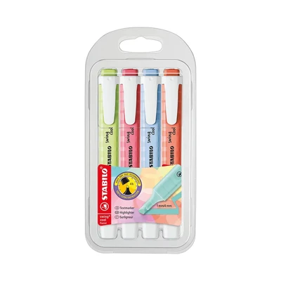 Image of Highlighter STABILO swing cool Pastel Pack of 4 Cherry Blossom Pink, Dash Lime, Cloudy Blue, Mellow Coral Red