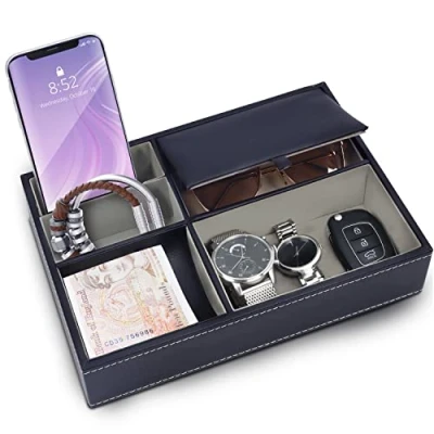 Image of BELLE VOUS Navy Faux Leather 5 Compartment Valet Dresser/Nightstand Organiser Tray Desk Storage Box for Wallet, Phone, Keys, Jewellery, Men&#039;s Accessories, Money, Cufflinks Catchall Bedside