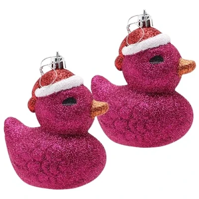Image of Christmas Concepts® Pack of 2 110mm (4.3&quot;) Hot Pink Glittery Festive Duck Baubles Tree Decorations