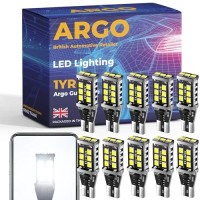 Image of Argo 10 Pcs W16w Led Bulb Xenon White 15 Smd Reverse Lights 12V Super Bright Halogen Upgrade Canbus Error Free T15 955 921 912 Backup Car Van Reversing Lamp