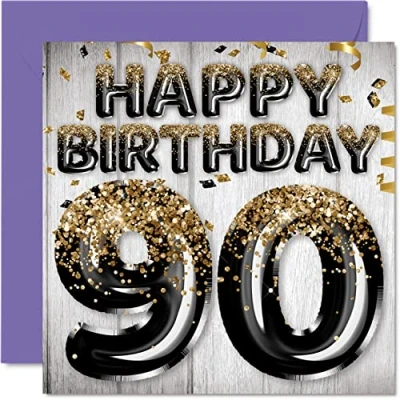 Image of 90th Birthday Card for Men Black &amp; Gold Glitter Balloons Happy Cards 90 Year Old Man Dad Great Grandad Grandpa Gran, 145mm x Ninety Ninetieth Bday Greeting Gift