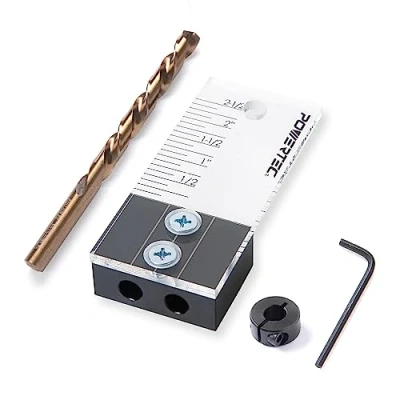 Image of POWERTEC 71716 Dowel Drilling Jig with laser cut witness mark, included depth scale, Cobalt M 35 Drill Bit and Split Ring Stop Collar, 3/8 Inch
