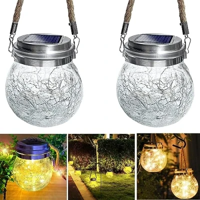 Image of 2 x LED Solar Glass Lamp Made of with Fairy Lights Warm White Including Battery Garden Lantern