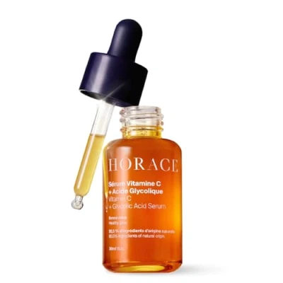 Image of HORACE Vitamin C + Glycolic Acid Face Serum for Men Brightening Facial Treatment Dull Skin, Radiance Boost, and Even Complexion Vegan Skincare All Skin Types Unscented, 30ml
