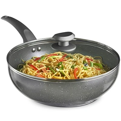 Image of VonShef Non Stick Wok, Induction Safe Frying Pan, Deep Aluminium Stir Fry Wok with Glass Lid &amp; Stay Cool Handle, 28cm Diameter Marble Finish