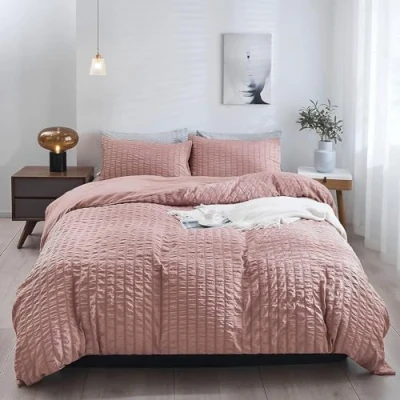 Image of Seersucker Bedding Set Double Bed Duvet Cover Sets Pink Waffle Quilt Covers with Pillowcases