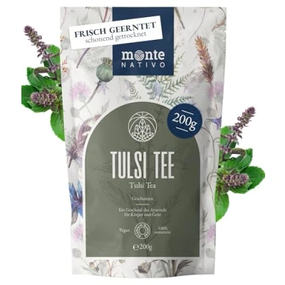 Image of Holy Basil Tea Monte Nativo (200 g) 100% pure and natural Tulsi with no additives Aromatic ayurveda herbal Fruit Hot or as Ice leaves
