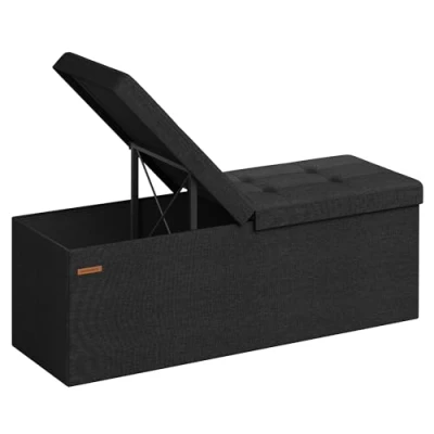 Image of SONGMICS Storage Ottoman, Foldable Bench, 38 x 110 cm, Flipping Lid, 300 kg Load Capacity, for Hallway, Living Room, Bedroom, Ink Black LSF076B51