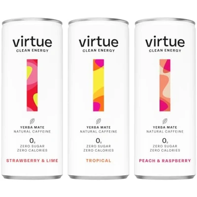 Image of Virtue Clean Energy Mixed Pack 12 x Yerba Mate Natural Drinks Sugar Free, Zero Calories, Vegan (12 250ml) [Strawberry &amp; Lime, Tropical, Peach Raspberry]