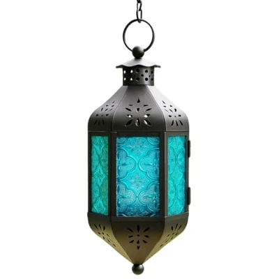 Image of Blue Glass Hanging Moroccan Candle Lantern with Chain