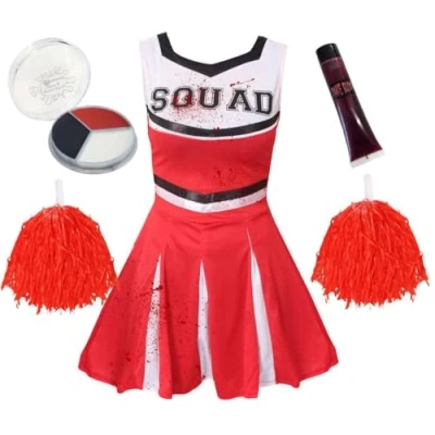 Image of Girls Halloween Zombie Cheerleader Large Red Cheer Dress, Pom Poms, Fake Blood, Facepaint Fancy Dress Costume