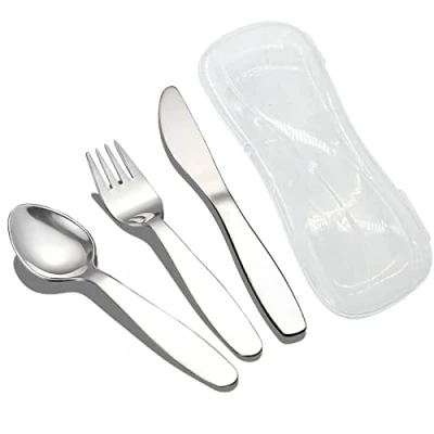 Image of VANRA 3 Pieces Children Fork Spoon Knife Set with Travel Case for Lunch Box, 18/8 Stainless Steel Kids Silverware Flatware Utensil School (Fork Knife)
