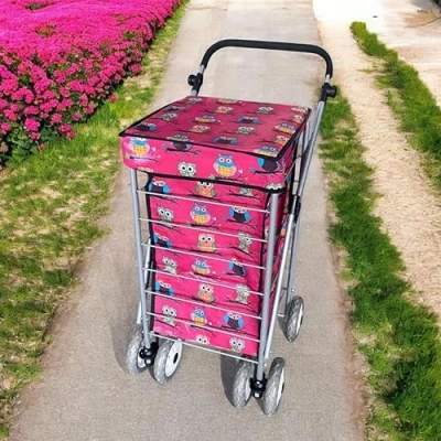 Image of Faboer Large 6 Wheels Lightweight Foldable Shopping Trolley on Hard Wearing Cart for Storage Sturdy Push/Pull Wheel and Easy Maneuverability (Red Owl Print)
