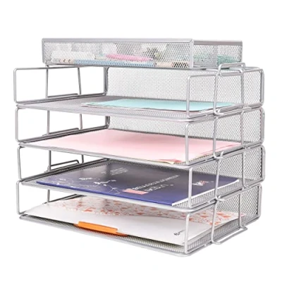 Image of Exerz Stackable Paper Sorters 4pcs with an Accessory Organiser/ 4 Tiers Letter Trays Extra Divider Memo Holder On Top Metal Desk Organiser Office, School, Home