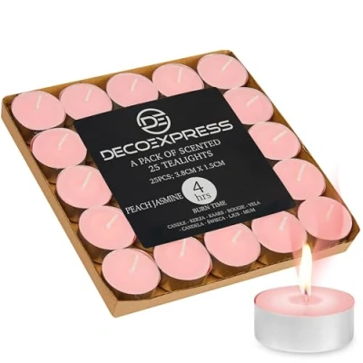 Image of DECO EXPRESS Tealight Candles Multipack of 200, 100, 50, 25 or 24, Burning Time 4, 8 10 Hours Tea Lights (Peach Jasmine 25/4 Hour)