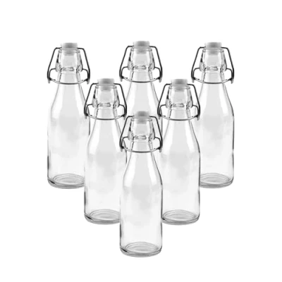 Image of simpa Vintage Style Clear Glass Bottles with Swing Top Lids. Round 250ml Set of 6
