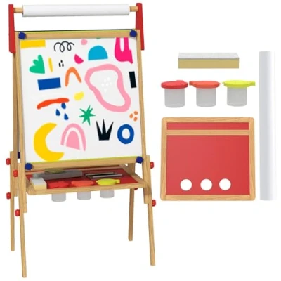 Image of AIYAPLAY Kids Easel, 3 in 1 Easel with Paper Roll, Whiteboard &amp; Chalkboard, Double Sided Height Adjustable Wooden Art Painting Accessories, Natural Wood Finish