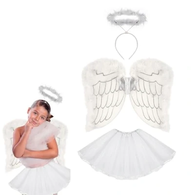 Image of Lizzy Child White Angel Costume Girls 3pc sparklings Feather Wings,Halo &amp; Tutu Skirt Fairy Outfit Halloween Fancy Dress for Carnival Christmas Hen Party