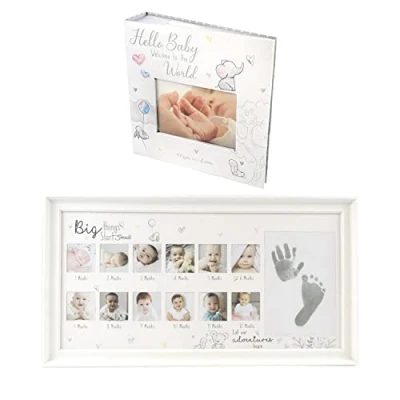 Image of Baby Keepsake Photo Album First Year Frame Set White Floral Bunny Hearts Design Handprint Footprint Memories New Born